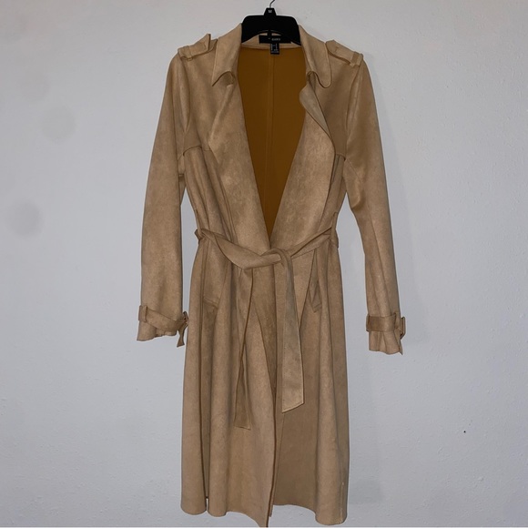 Forever 21 Tan Beige Faux Suede Duster Trench Coat Jacket Size Medium Business - Picture 1 of 7